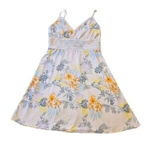 SO M Floral Hawaiian Print Mini Dress V-Neck Lace Trim Empire Waist Sundress